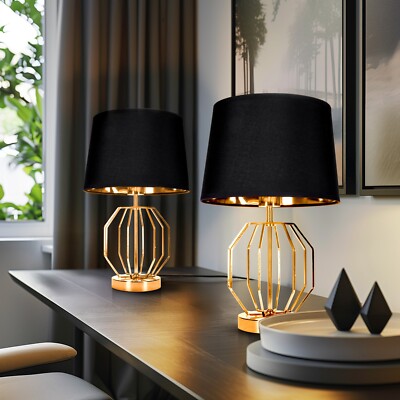 Tischlampen 2er Set Schwarz Gold Industrial Modern Textilschirm E27 Tischleuchte