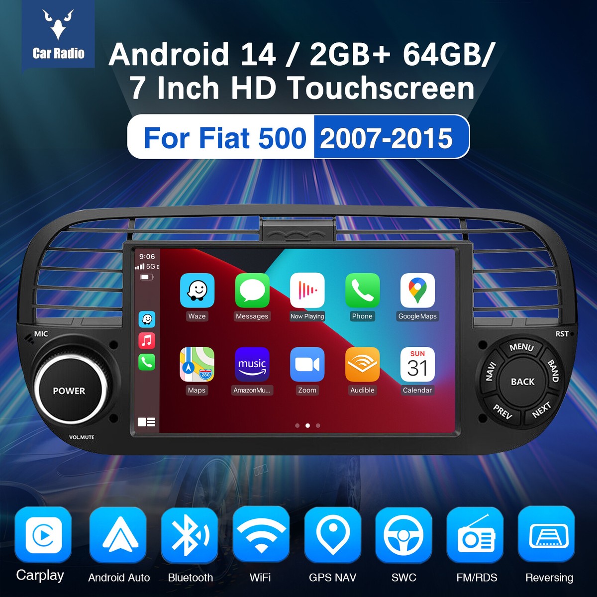 Android 13 autoradio voor Fiat 500 (2007-2015) | 7-inch touchscreen met waterdichte HD-achteruitrijcamera | Draadloos CarPlay en Android Auto | 2 GB 64 GB gps, Bluetooth Stuurwielbediening, Wit