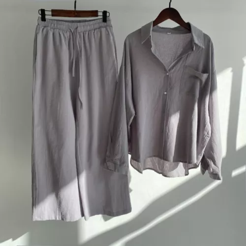 Women Lady Summer Solid Color Cotton Linen Suit Lapel Long Sleeve Top Leg Pants - Bild 4 von 42