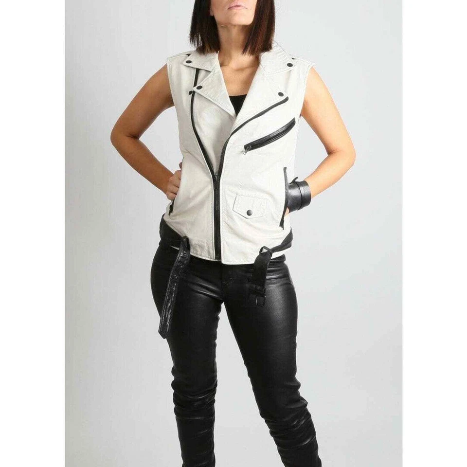 Chaleco sin mangas BLK DNM de cuero blanco roto negro motociclista moto talla XS Foto 3 de 4