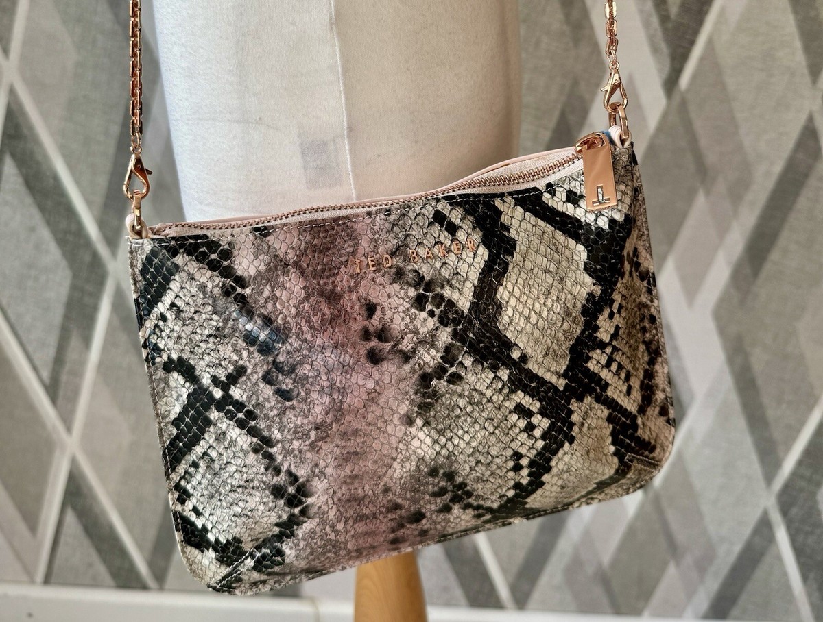 Ted Baker Pale Pink Grey Black Snake Print Real Leather Cross Body
