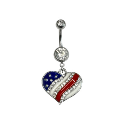 Belly Button Navel Ring with Dangle Heart American Flag with jewels