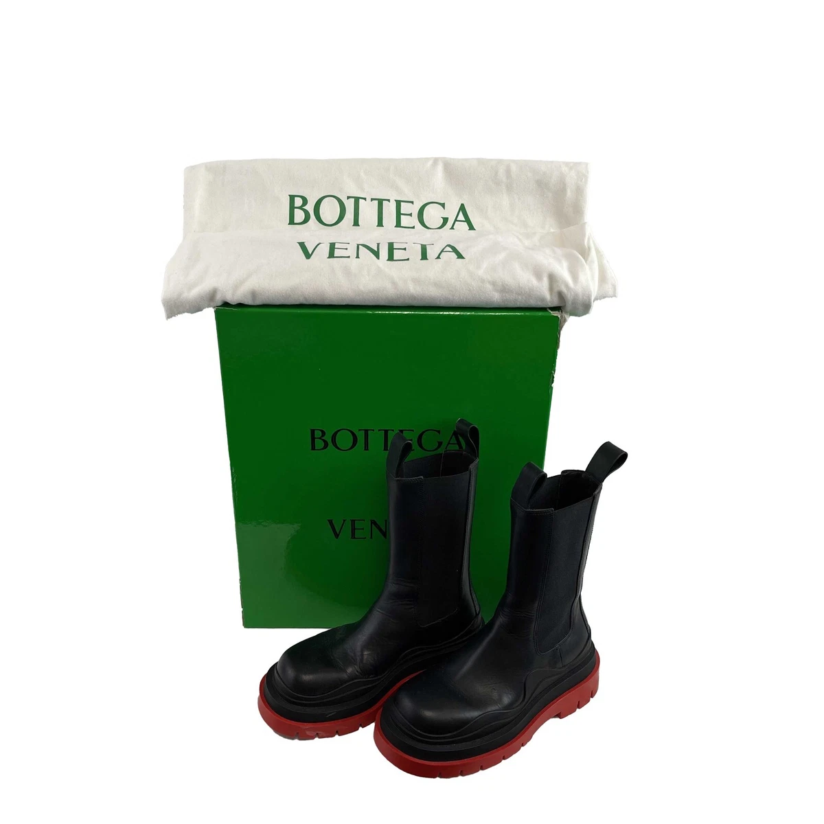 Bottega Veneta Leather Chelsea Red-Sole Tire Combat Boots Black