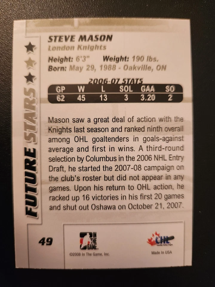 Steve Mason 2007 In The Game Between the Pipes #49  Hockey Card Blue Jackets - Image 2 of 2