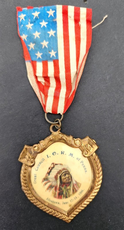 1906 antique I.O.R.M. GREAT COUNCIL allentown pa FLAG RIBBON CELLULOID MEDAL