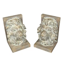 Vintage Set of Majestic Lion Head Bronze Bookends w Verdigris Patina 5.5 Inch