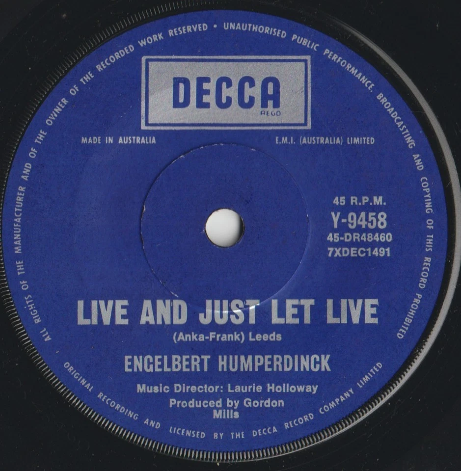 E. HUMPERDINCK 45: WHEN THERE'S NO YOU/LIVE AND JUST. AUSSIE DECCA 9458 M/M 1971 - Image 2 of 2