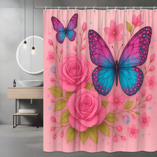 Floral Pink Butterfly Shower Curtain - Pretty Roses and Flowers Design