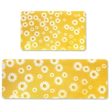 Floral Kitchen Rug Set 2 PCS 17x30 17x47 Inch Yellow Flowers Non Slip