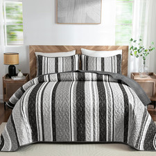 Queen Quilt Set, Striped Black Bedspread Coverlet Set, 3 Pieces Boho Summer Soft