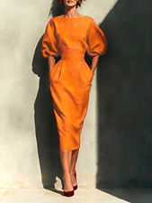 Women's Orange Solid Boat Neck Puff 3/4 Sleeve Midi Pencil Dress Pockets XL