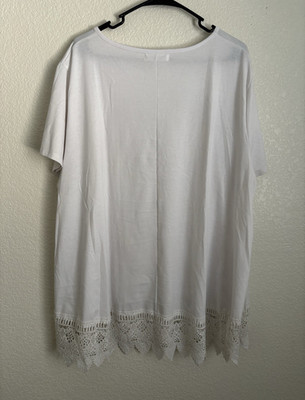 X.M.A.J Women s White Solid Lace Hem Round Neck Pullover T-Shirt Plus 4X