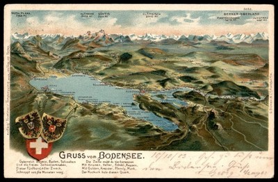 Vintage Gruss vom Bodensee Scenic Postcard with Swiss Coats of Arms 1903