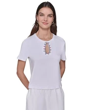 KARL LAGERFELD PARIS Women's Top Sz M Cutout Embellished Tee