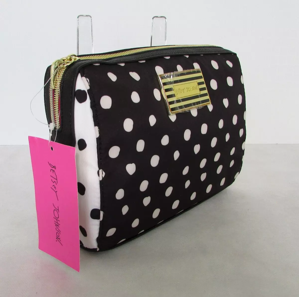 Betsey Johnson Cosmetic Bag Makeup Spots Dots Black White Purse Clutch NWT