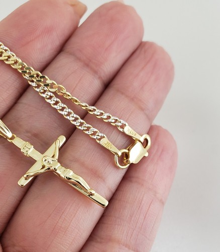 Collana catena cubana ciondolo crocifisso Gesù Cristo in argento sterling 925 oro 14 carati - Foto 3 di 3