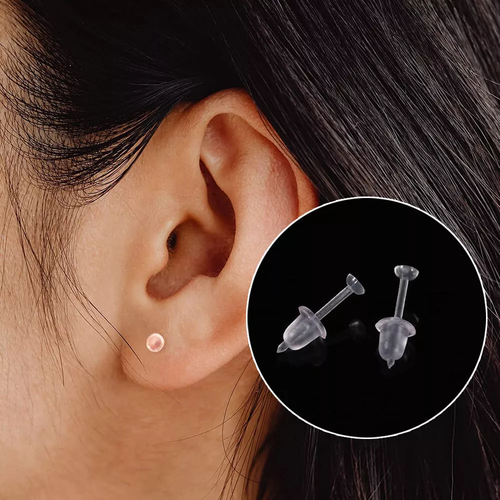 20* Invisible Clear Plastic Stud Earrings Acrylic Post Silicone Back  Transparent