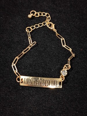 Gold Tone Living My Best Life Bar ID Oval Chain Bracelet 9 inch