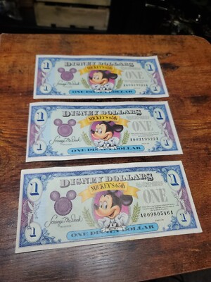 (3) Three 1993 $1, DISNEY DOLLAR - Disney World.. Disneyland 