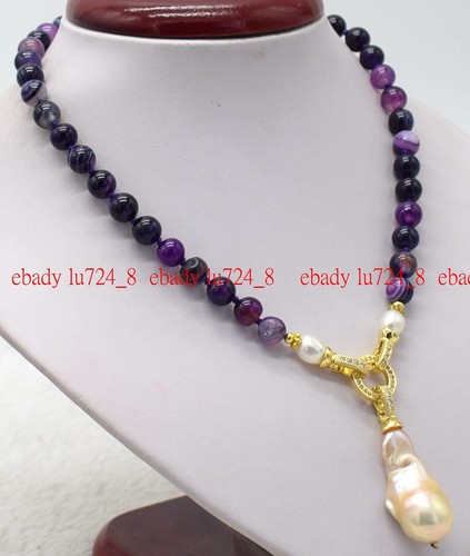 8mm Purple Stripe Agate Fashion White Baroque Pearl Gems Pendant Necklace 18" - Picture 9 of 12