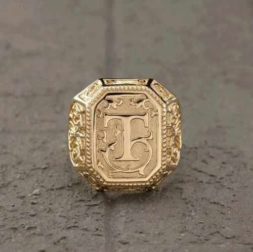 Mens Personalized Signet 925 Silver Gold With Engraved Letter Gift Rings #012