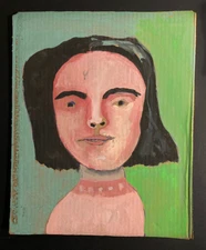 Original Woman Portrait Painting 9x11 Green Emotional Expressive Naive Artwork