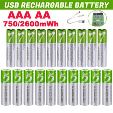 Lot  750/2600mWh AAA AA Battery W/ Type-C USB Rechargeable Lithium ion Batteries