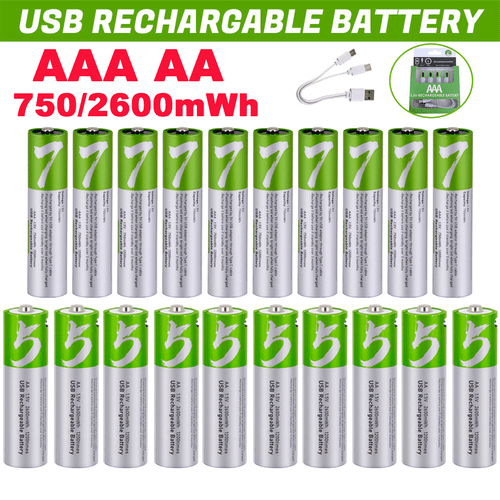 Lot  750/2600mWh AAA AA Battery W/ Type-C USB Rechargeable Lithium ion Batteries - Picture 1 of 34