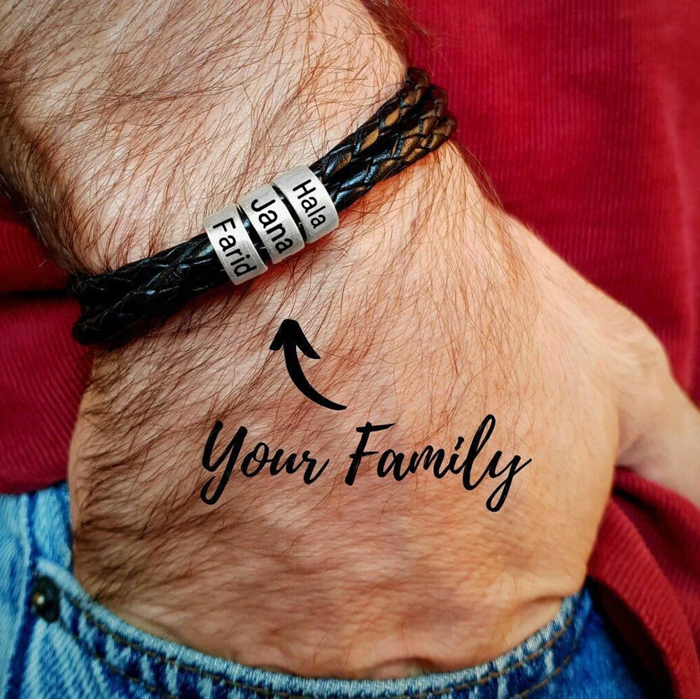 Personalized Braided Bracelet Mens Wristband Leather Beads Name Engraved  Bangle