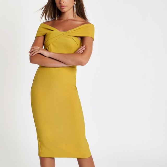 yellow bardot midi dress