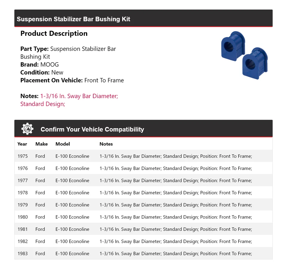Kit de buje de barra estabilizadora de suspensión Econoline MOOG para Ford E-100 1975-1983 Foto 2 de 4