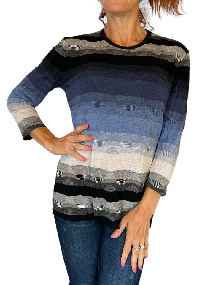 TRES 3 PUNTOS MUJER PUNTO SUÉTER TOP RAYAS CUELLO REDONDO JERSEY AZUL MULTI XS Foto 2 de 4