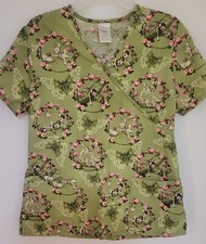 Ladies Scrub Top Disney Bambi Thumper Size Small, Elastic Back Green