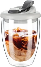 Double Wall Glass Coffee Mug, Glass Coffee Cup with Silicone Lid 12 OZ, Insulate