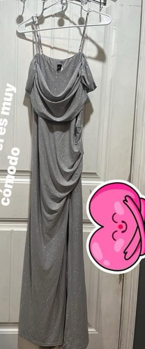 Otro Silver Formal Draped Gown with Spaghetti Straps Elegant Evening Dress