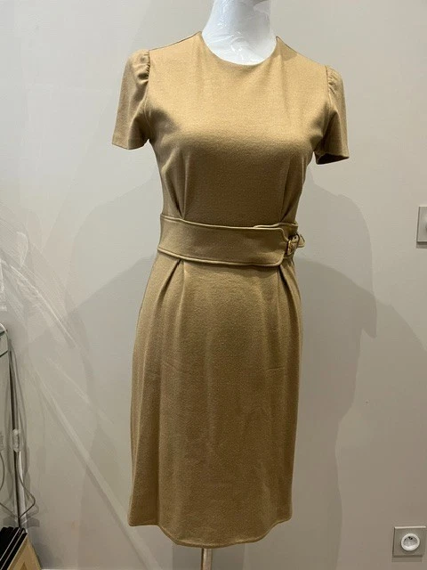 Gucci Velour Dress Neck Belt Gold Button Short Sleeve Knee Length 38 Brown Gucci Smooth Leather Horsebit Belt - Size 38 / 97 (SHF-30Sj3A) main image 4