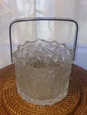Vintage MCM Iittalia Swedish Textured Glass Ice Bucket with Handle
