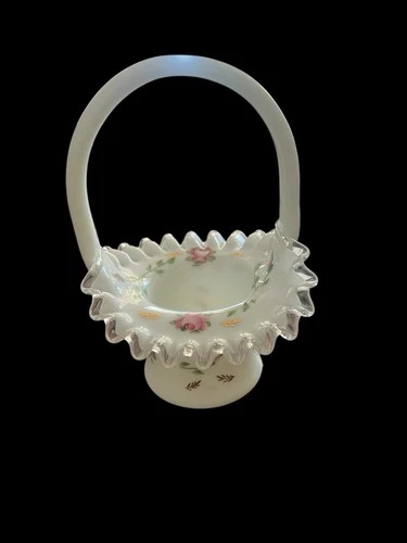 Vintage Fenton Silver Crest Milk Glass Basket Hand Painted Pink Roses (Pre-1970)