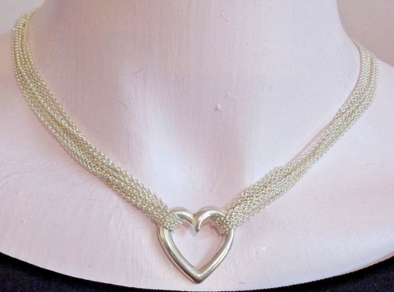 Sterling Silver Necklace Multi Chain Stationary Heart Pendant 17" OTC ITALY