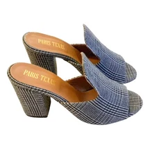 Paris Texas Vernice Tweed Plaid Block Heel Mules Gray Block RARE sz 38.5