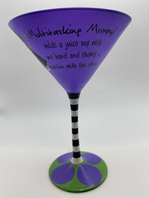 Mud Pie Handpainted  Multitasking Mommy  Purple/Green/Black 7.25  Martini Glass