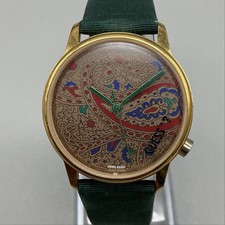Vtg Guess Womens Watch 30mm Paisley Dial Green Leather Gold Tone New Battery
