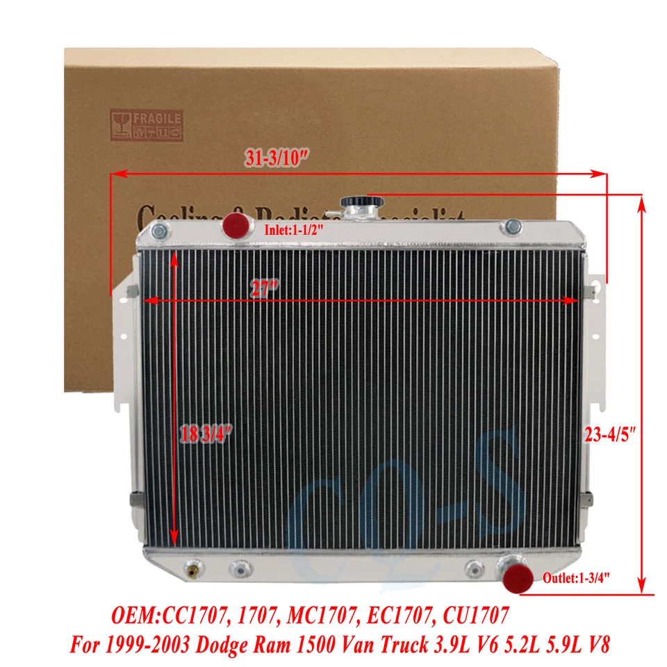 4 ROW Aluminum Radiator For Dodge Ram 1500 2500 3500 Van 5.2L 5.9L V8 1998~2003 Foto 2 de 4