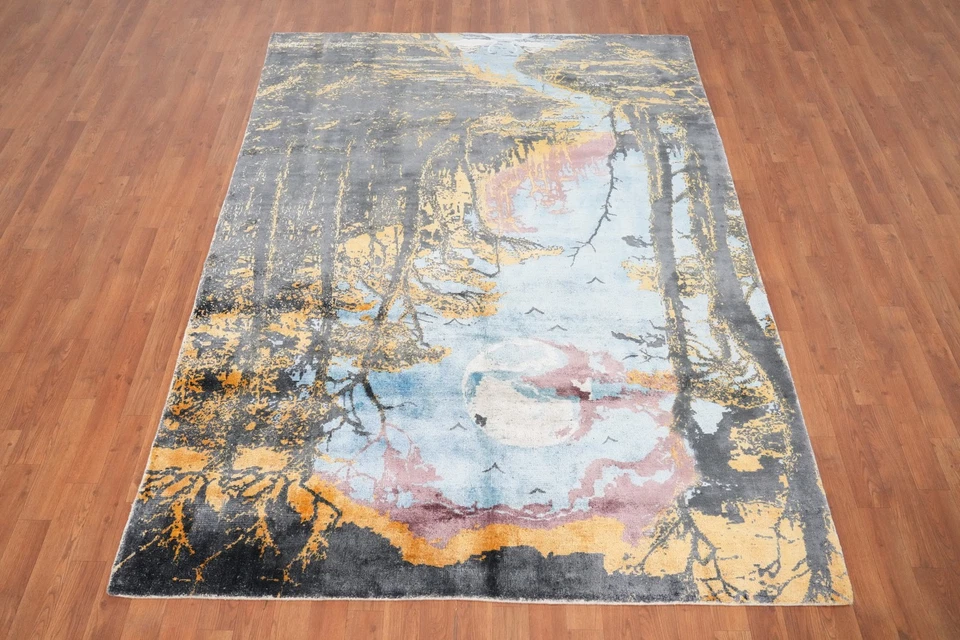 Alfombra moderna hecha a mano escena forestal de ensueño con luna llena y río alfombra 6x8 Foto 4 de 4