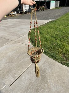 Vtg Macrame Wood Beads Hanging Plant Holder 28" Goldish Brown Boho Handmade