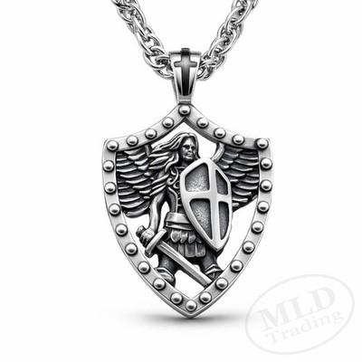 MLD 925 Sterling Silver Saint St Michael Shield Pendant Necklace w/ 22'' Chain