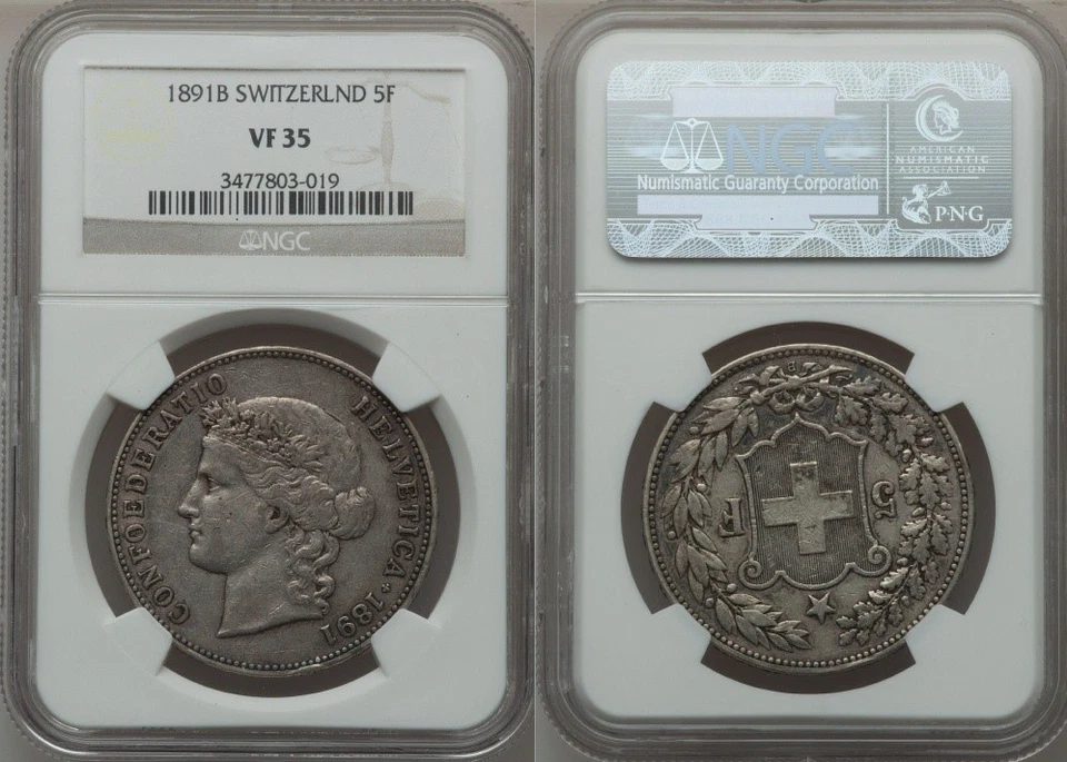 Rare 1891B Large Heavy Silver Coin Swiss Confederation Five Francs NGC VF35 - Image 2 of 2