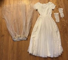 Vintage 1952 White Lace Wedding Gown Veil Gloves Handmade Unbranded