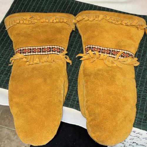Handmade Suede Native American Style Moccasins Mittens with Fringe Trim