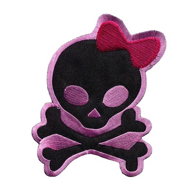 Pink Skull with Bow Embroidered Iron on Patch   Cute Punk Rock Goth Style